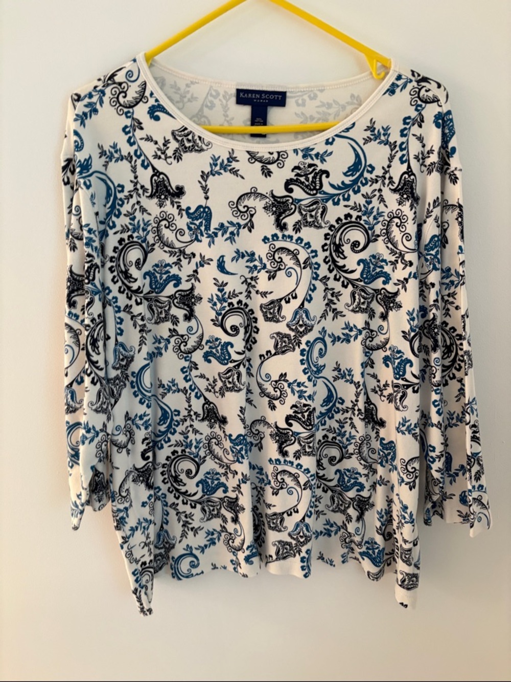 Karen Scott White Long-Sleeve Paisley Tee with Blue & Black Print